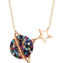 Moda Gümüş Evi 925 Ayar Gümüş Galaksi Gezegen Tasarımlı Renkli Nano Taşlı Gümüş Kolye