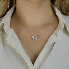 Moda Gümüş Evi 925 Ayar Gümüş Sedef Taşlı Kelebek Tasarımlı Kadın Kolye Rose