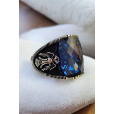 Moda Gümüş Evi 925 Ayar Gümüş Selçuklu Kartallı Safir Taşlı Erkek Yüzük