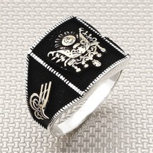 Moda Gümüş Evi 925 Ayar Gümüş Osmanlı Armalı Erkek Yüzük - Siyah Işlemeli, Özel Tasarım