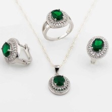 Moda Gümüş Evi 925 Ayar Gümüş Yeşil Zirkon Taşlı Oval Model Kadın Set