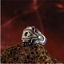 Moda Gümüş Evi Ay Yıldızlı Kırmızı Taşlı 925 Ayar Gümüş Erkek Yüzük, Ayyıldız Yüzük, Kemerli Ayyıldız Yüzük