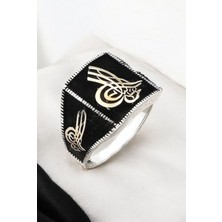 Moda Gümüş Evi 925 Ayar Gümüş Osmanlı Tuğralı Erkek Yüzük - Siyah Işlemeli, Şık ve Anlamlı Tasarım