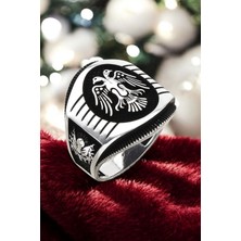 Moda Gümüş Evi 925 Ayar Gümüş Selçuklu Kartalı Motifli Erkek Yüzük - Siyah Işlemeli, Özel Tasarım