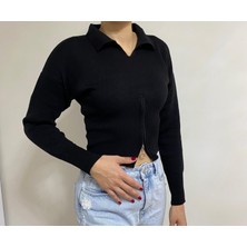 Kadın Fermuarlı Crop Kazak