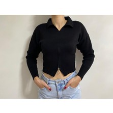 Kadın Fermuarlı Crop Kazak