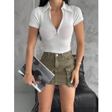 Kazax Kaşkorse Yaka Fermuarlı Bluz Beyaz