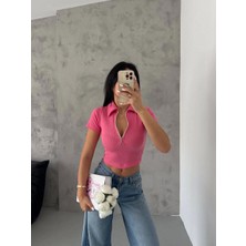 Kazax Kaşkorse Yaka Fermuarlı Bluz Fuşya