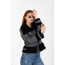 Antrasit Hakiki Deri Ceket, Kadın Deri Ceket, Siyah Tüylü Deri Ceket, Içi Kürklü - 112222