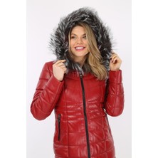 Kırmızı Kürklü Kapüşonlu Deri Mont, Uzun Şişme Hakiki Deri Mont, Kadın Kürk KAPÜŞONLU-104922