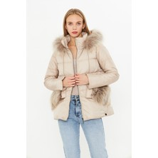 By Marki Marki Şişme Kadın Kaban - Kürk Detaylı, Kapüşonlu - Bej 75 cm -A001X