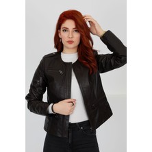 Kahverengi Kadın Hakiki Deri Mont Yakasız Fermuar Detaylı Hakiki Deri Ceket - 104022