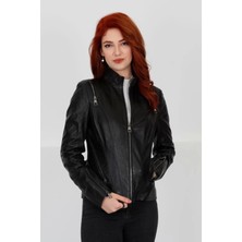 Sportif Deri Ceket, Hakiki Siyah Deri Ceket, Fit Kesim, Hakim Yaka Kadın Mont, Fermuar Detay- 102822