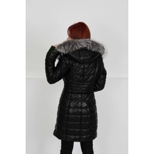 Siyah Özel Kürklü Şişme Deri Mont, Hakiki Deri, Özel Kürklü Kapüşon, 90 Cm, Kadın, Fermuarlı