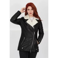 Deri Mont Kadın Biker Beyaz Kürk Yakalı Deri Ceket - 103622