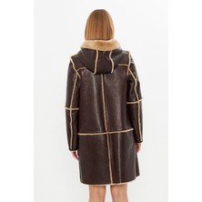 By Marki Marki Deri Kapüşonlu Oversize Kadın Kaban - Içi Kürklü - Koyu Kahverengi 90 Cm- 113422