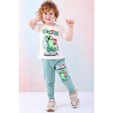 Yağmur Giyim Pjkke Minecraft Desenli Yeşil Eşofmanlı Erkek Çocuk Kısa Kol Takım 3-10 Yaş 7461-Y