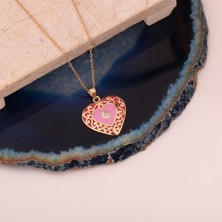 Nox Jewelry 14 Ayar Altın Kaplama Pembe Mineli Kalp Gümüş Kolye - Taşlı Telkari Desenli Kadın Kolyee - CNE00127