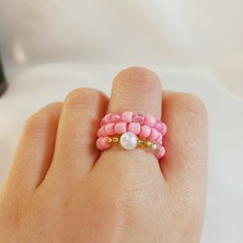 Crystal Atelier Pembe Renk Kum Boncuk 3’lü Yüzük Set
