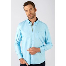 Tudors Erkek Regular Fit Klasik Kesim Pamuklu Oxford Doku Tek Cepli Turkuaz Düğmeli Yaka Gömlek