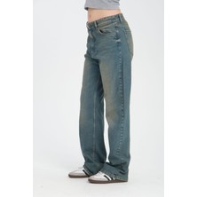 %100 Pamuk, Yüksek Bel Bol Kesim Geniş Paça Taşlanmış Wide Leg Kot Pantolon