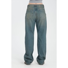 %100 Pamuk, Yüksek Bel Bol Kesim Geniş Paça Taşlanmış Wide Leg Kot Pantolon