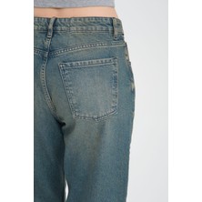%100 Pamuk, Yüksek Bel Bol Kesim Geniş Paça Taşlanmış Wide Leg Kot Pantolon