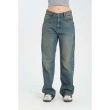 %100 Pamuk, Yüksek Bel Bol Kesim Geniş Paça Taşlanmış Wide Leg Kot Pantolon