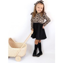Kız Çocuk  Leopar Desenli Uzun Kollu Fırfırlı Elbise Bandana Takım ELB-0059