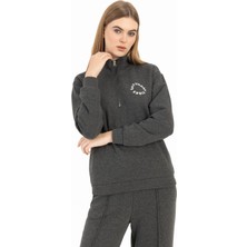 Kadın Yarım Fermuarlı Dik Yaka Sweatshirt Antrasit Melanj