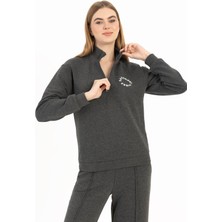 Kadın Yarım Fermuarlı Dik Yaka Sweatshirt Antrasit Melanj