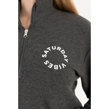 Kadın Yarım Fermuarlı Dik Yaka Sweatshirt Antrasit Melanj
