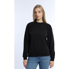 Kadın 3 Iplik Şardonsuz Bisiklet Yaka Sweatshirt Siyah