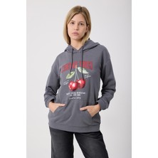 Kadın Kiraz Baskılı 3 Iplik Şardonsuz Sweatshirt Füme