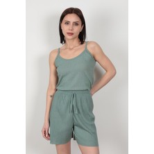 İp Askılı Şortlu Kaşkorse Kadın Pijama Takımı Pamuk Karışımlı Kumaş Çağla - 6015