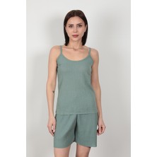 İp Askılı Şortlu Kaşkorse Kadın Pijama Takımı Pamuk Karışımlı Kumaş Çağla - 6015