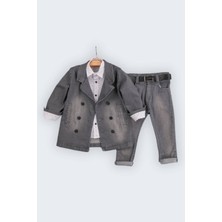 Çift Düğmeli Gömlekli Kemerli 4'lü Erkek Çocuk Kot Takım