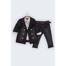 Çift Düğmeli Gömlekli Kemerli 4'lü Erkek Çocuk Kot Takım