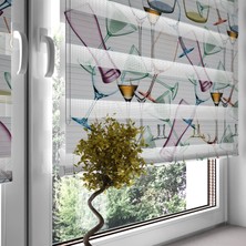 Turuncu Dizayn 93000-MUTFAK ve Restorantlar Için Şık Bardak Desenli Dijital Baskılı Zebra Stor Perde