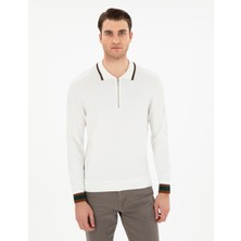 Pierre Cardin Erkek Ekru Slim Fit Fermuarlı Polo Yaka Yün Karışımlı Triko Kazak 50296452-VR019