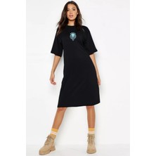 Rock&Roll Benekli Kuzu Siyah Kısa Kol Diz Üstü Orta Boy Penye Elbise