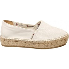 Espadrilles Tommy Glit Beyaz Önü Simli Arkası Deri Hasır Tabanlı Dolgu Topuklu Kadın Ayakkabı