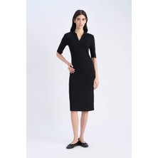 DeFacto Bodycon Vücudu Saran Polo Yaka Fitilli Kaşkorse Kısa Kollu Midi Elbise E6806AX25SP
