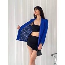 Kadın Düğmesiz Cepli Astarlı Katlanılabilir Kol Blazer Ceket