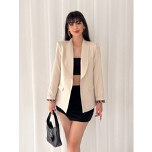 Kadın Düğmesiz Cepli Astarlı Katlanılabilir Kol Blazer Ceket