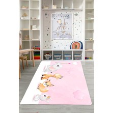 Napoli Home Dijital Baskılı Hayvan Karakterli Yıkanabilir Kaymaz Taban Çocuk Odası Halısı, Çocuk-86-Pembe,