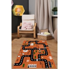 Napoli Home Dijital Baskılı Araba Yol Desenli Yıkanabilir Kaymaz Taban Çocuk Odası Halısı, Çocuk-56-Turuncu,