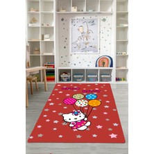 Napoli Home Baskılı Çizgi Film Karakteri Ve Balon Desenli Yıkanabilir Kaymaz Çocuk Halısı, Çocuk-84-Kırmızı,