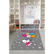 Napoli Home Baskılı Çizgi Film Karakteri Ve Balon Desenli Yıkanabilir Kaymaz Çocuk Halısı, Çocuk-84-Gri,