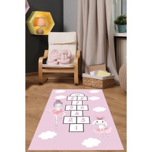 Napoli Home Dijital Baskılı Balerin Tavşan Seksek Model Yıkanabilir Kaymaz Çocuk Odası Halısı, Çocuk-53-Pembe,